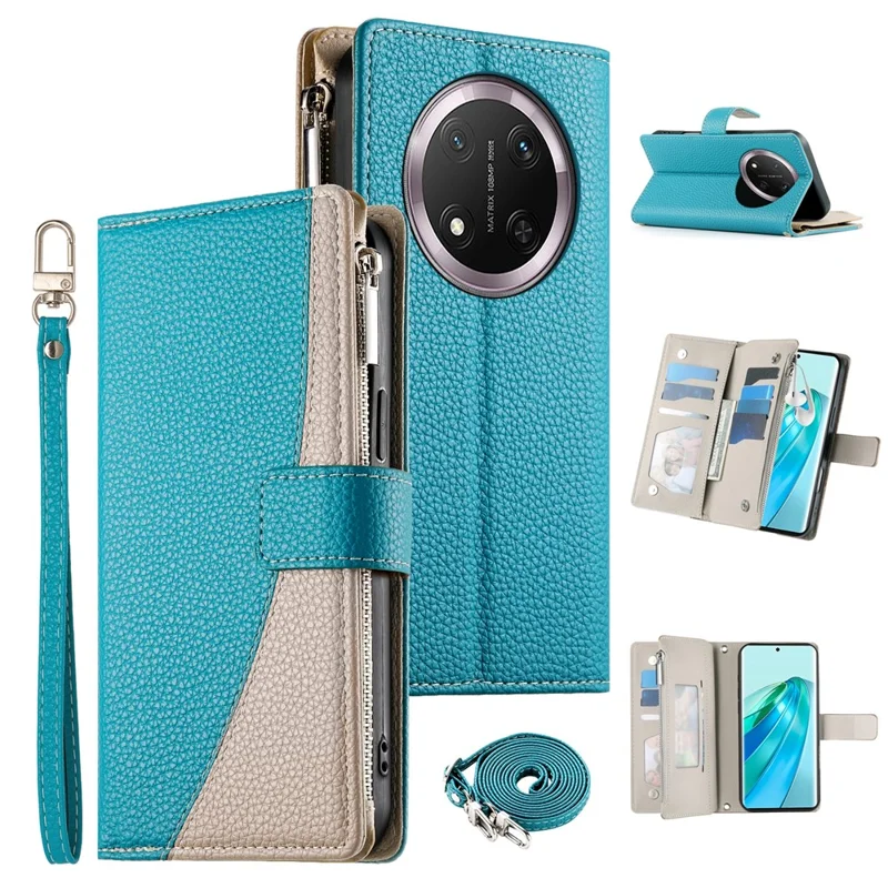 Capa 5G For Honor X9c Carteira com Zíper Mistura de Cores Capa de Telefone de Couro com Alças - Azul Lago