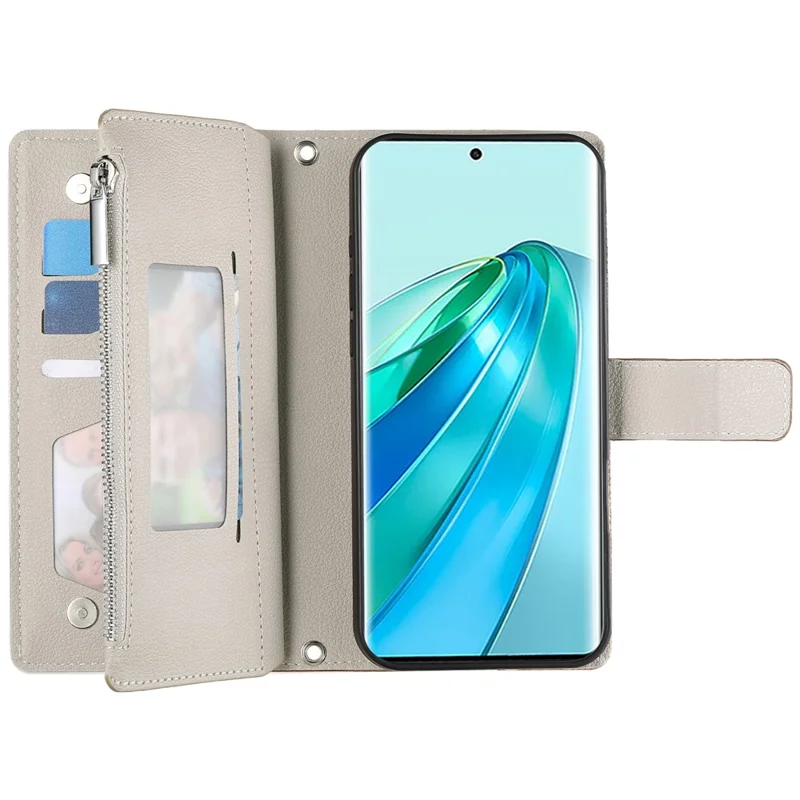 Capa 5G For Honor X9c Carteira com Zíper Mistura de Cores Capa de Telefone de Couro com Alças - Azul Lago