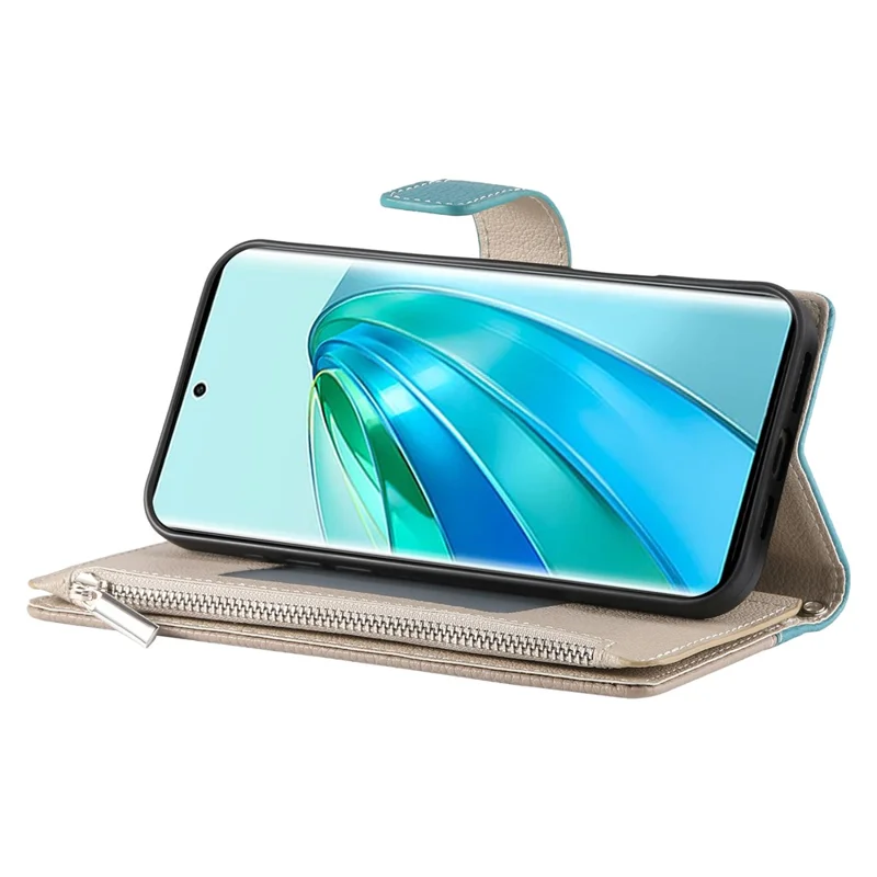 Capa 5G For Honor X9c Carteira com Zíper Mistura de Cores Capa de Telefone de Couro com Alças - Azul Lago
