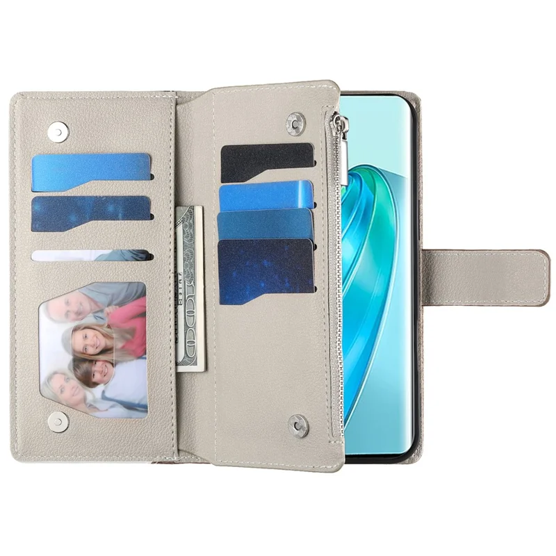 Capa 5G For Honor X9c Carteira com Zíper Mistura de Cores Capa de Telefone de Couro com Alças - Azul Lago