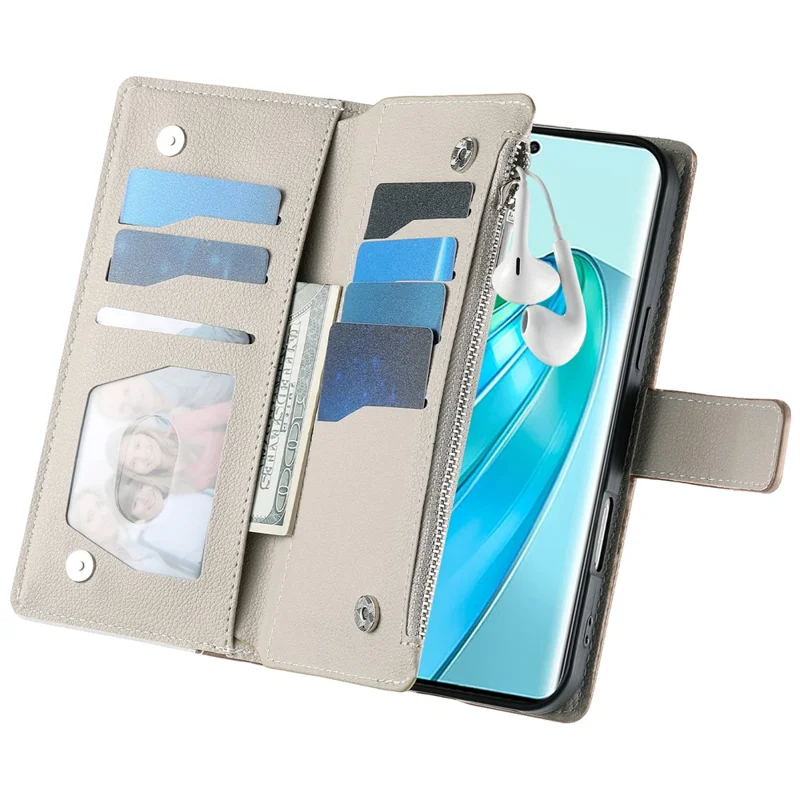 Capa 5G For Honor X9c Carteira com Zíper Mistura de Cores Capa de Telefone de Couro com Alças - Azul Lago