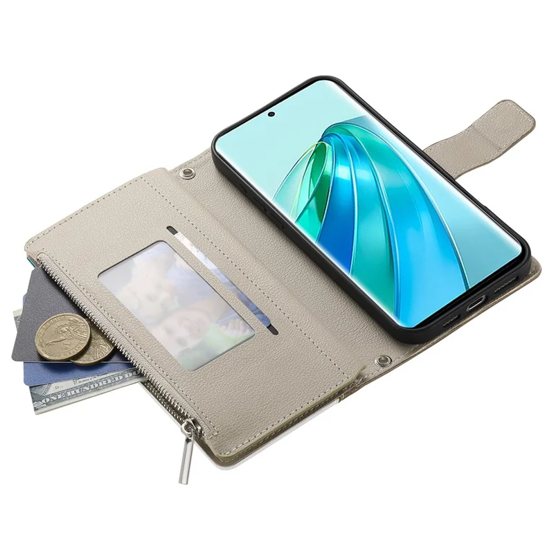 Capa 5G For Honor X9c Carteira com Zíper Mistura de Cores Capa de Telefone de Couro com Alças - Azul Lago