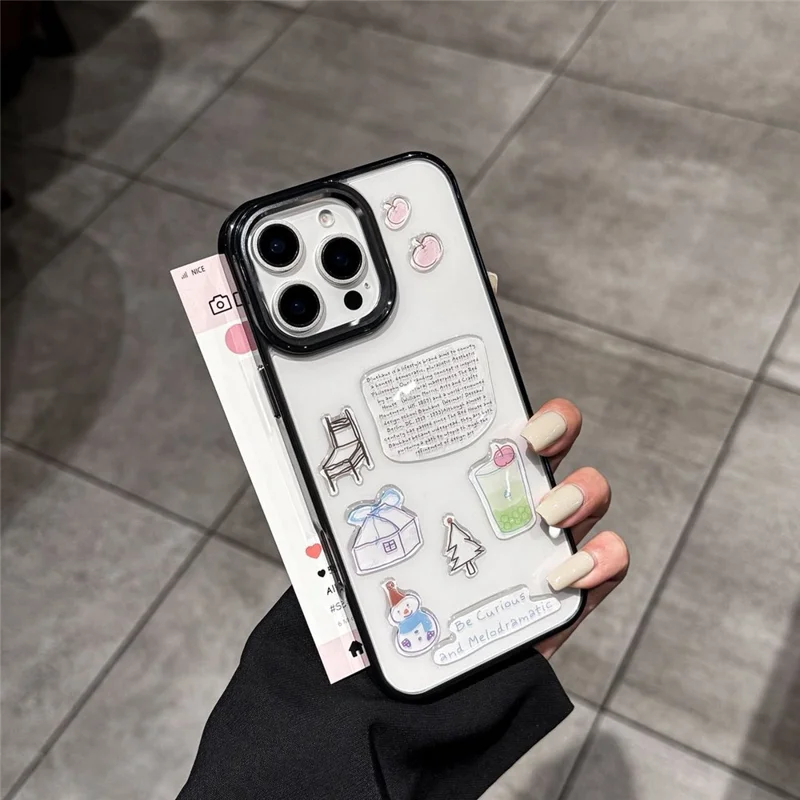 Capa de Telefone Transparente para iPhone 16 Pro Max com Capa Traseira de TPU e Adesivo com Padrão 3D - Preto Transparente