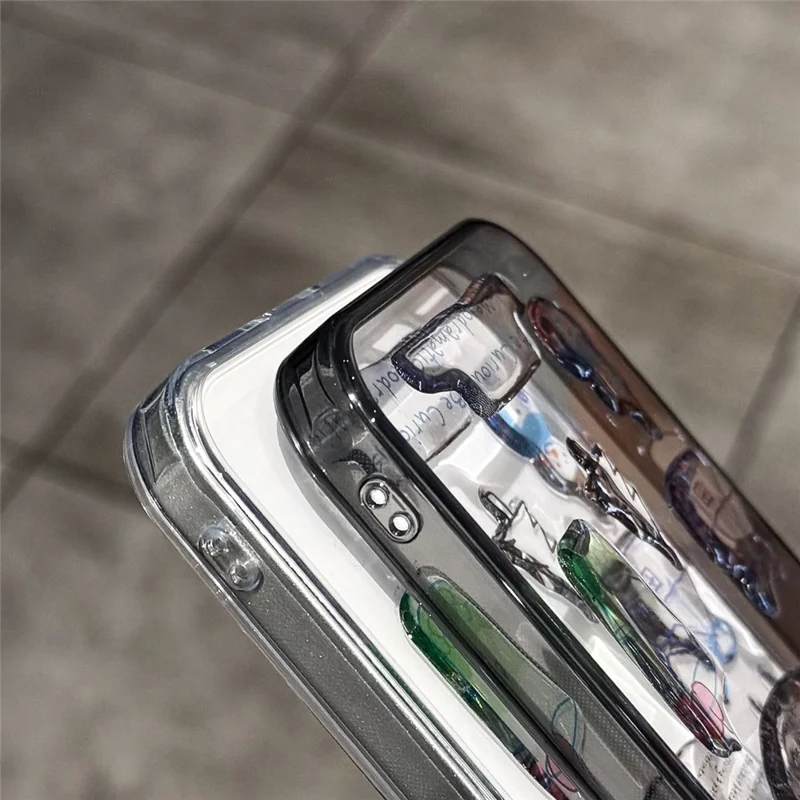 For iPhone 15 Pro Max Clear Phone Case TPU Back Cover with 3D Pattern Sticker - Transparent Black