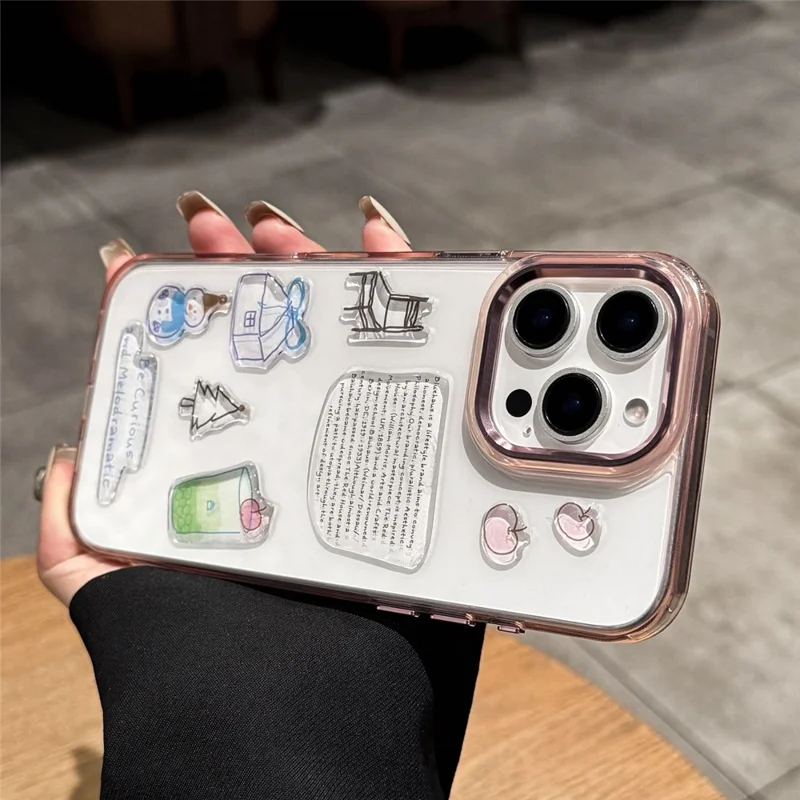 For iPhone 15 Pro Max Clear Phone Case TPU Back Cover with 3D Pattern Sticker - Transparent Pink