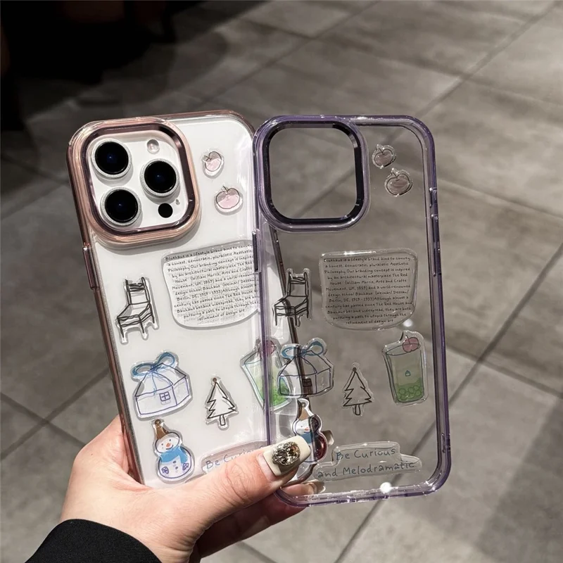 For iPhone 15 Pro Max Clear Phone Case TPU Back Cover with 3D Pattern Sticker - Transparent Pink