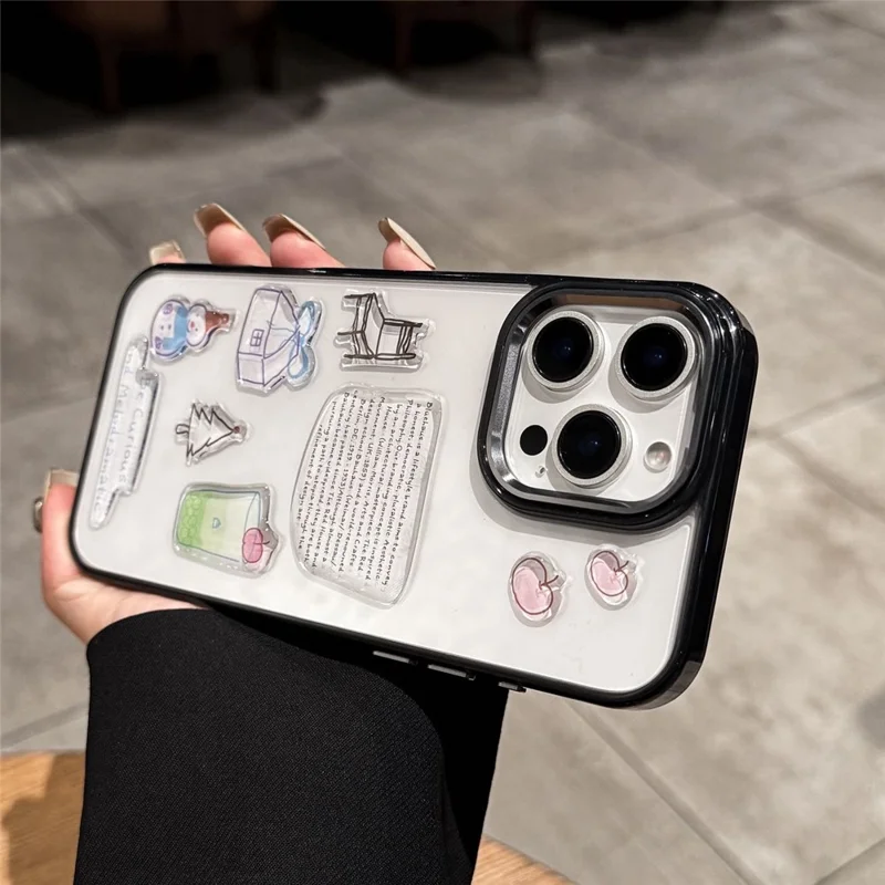 For iPhone 16 Pro Clear Phone Case TPU Back Cover with 3D Pattern Sticker - Transparent Black