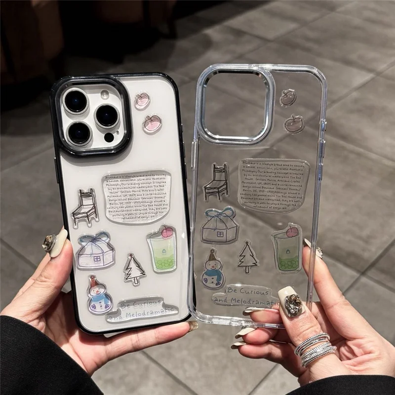 For iPhone 16 Pro Clear Phone Case TPU Back Cover with 3D Pattern Sticker - Transparent Black