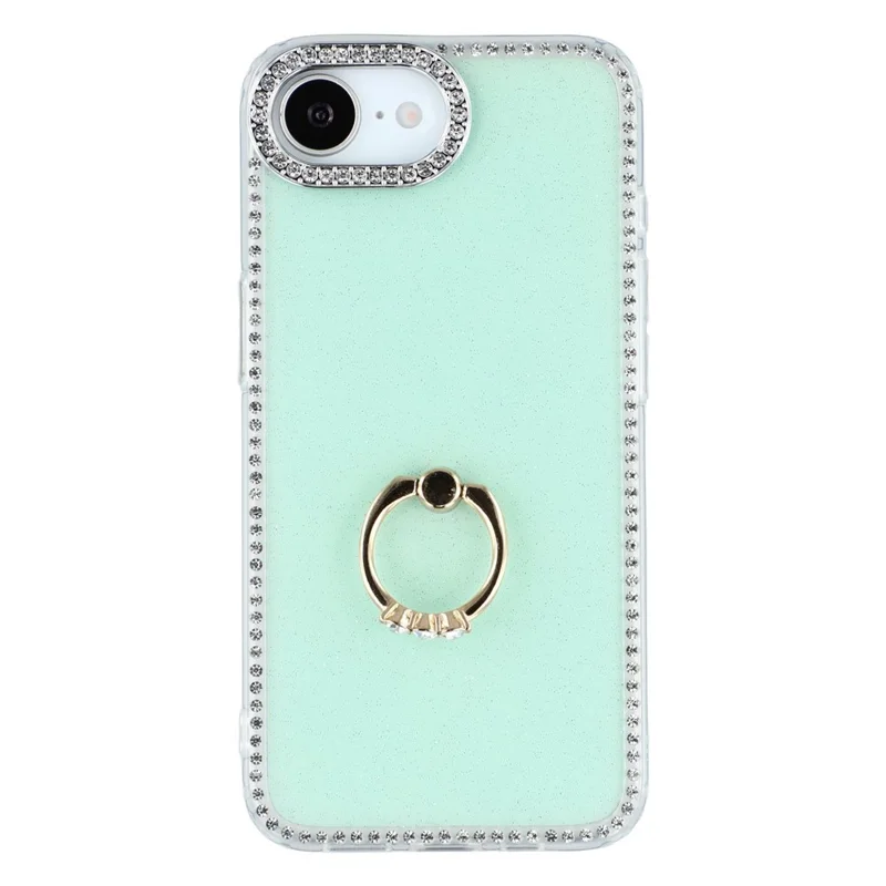 For iPhone 16e Case with Ring Kickstand Rhinestone Edge TPU + PC IMD Phone Cover - Glitter Light Green