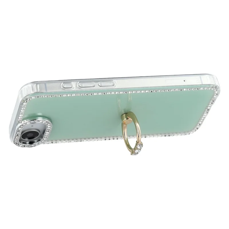 For iPhone 16e Case with Ring Kickstand Rhinestone Edge TPU + PC IMD Phone Cover - Glitter Light Green