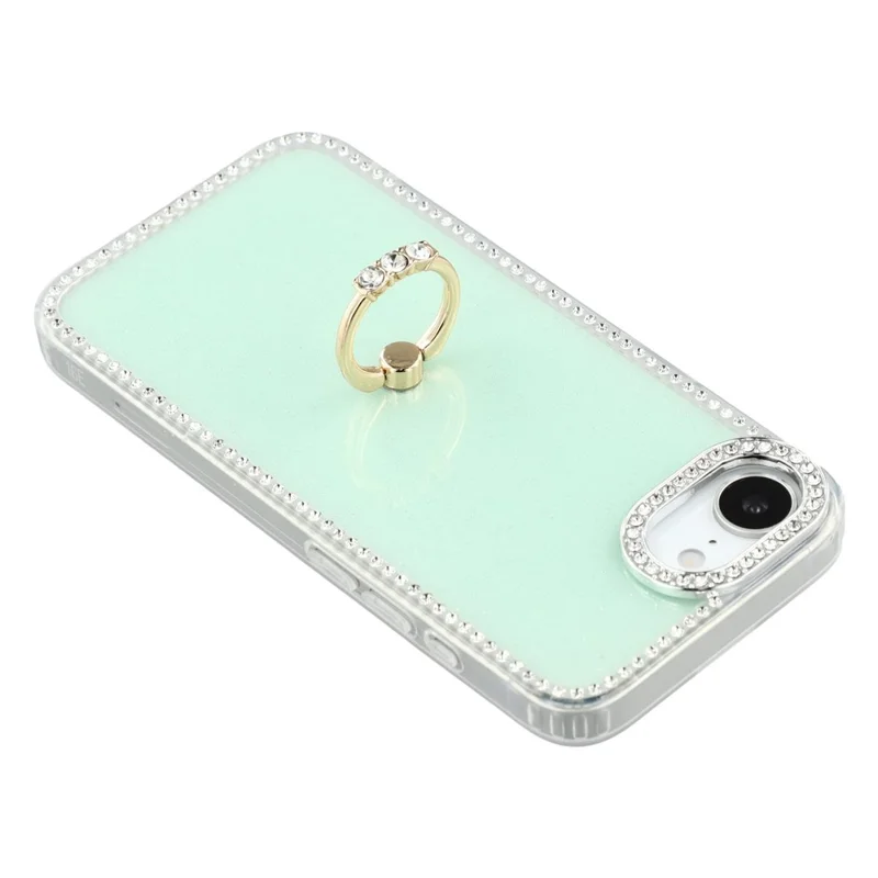 For iPhone 16e Case with Ring Kickstand Rhinestone Edge TPU + PC IMD Phone Cover - Glitter Light Green