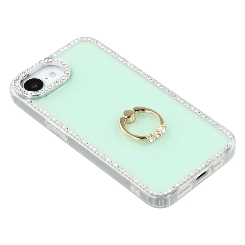 For iPhone 16e Case with Ring Kickstand Rhinestone Edge TPU + PC IMD Phone Cover - Glitter Light Green