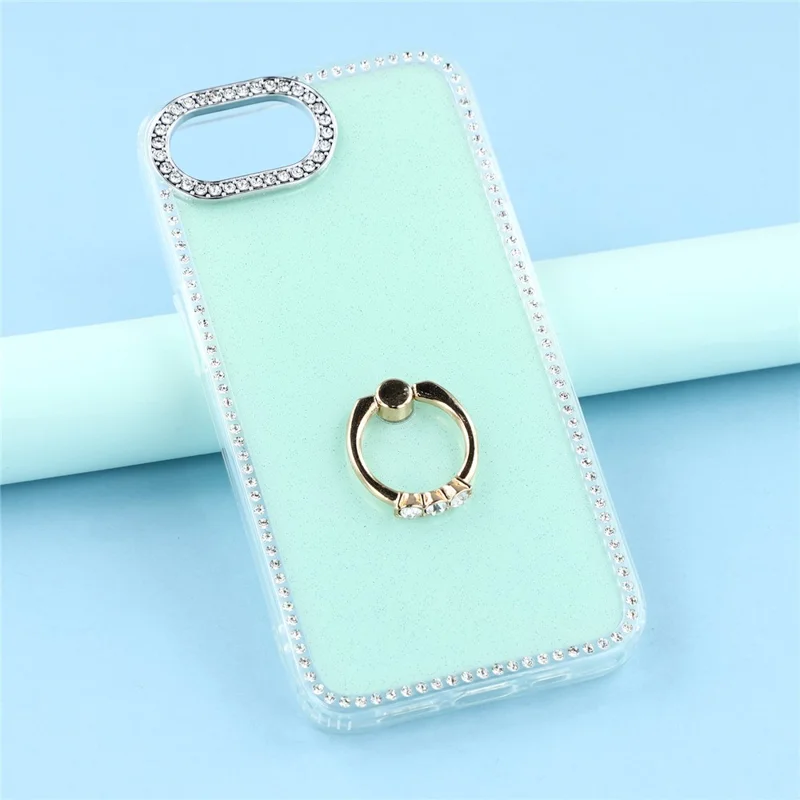 For iPhone 16e Case with Ring Kickstand Rhinestone Edge TPU + PC IMD Phone Cover - Glitter Light Green