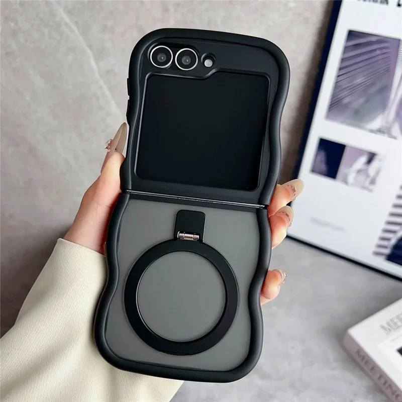 For Samsung Galaxy Z Flip7 FE 5G / Z Flip6 5G / Flip5 5G Magnetic Case Kickstand Skin-Touch Wave Edge TPU + PC Phone Cover - Black