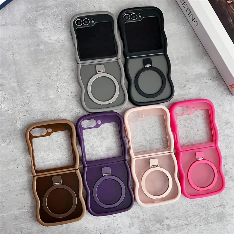 For Samsung Galaxy Z Flip7 FE 5G / Z Flip6 5G / Flip5 5G Magnetic Case Kickstand Skin-Touch Wave Edge TPU + PC Phone Cover - Black