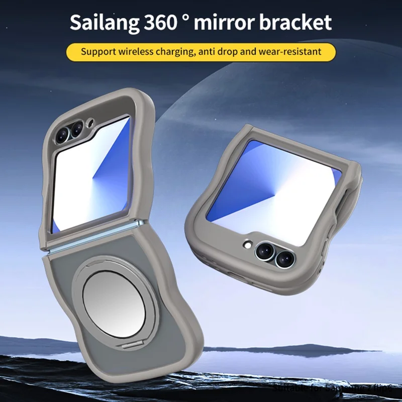 For Samsung Galaxy Z Flip7 FE 5G / Z Flip6 5G / Flip5 5G Magnetic Case Mirror Rotating Kickstand Wave Edge TPU + PC Phone Cover - Grey