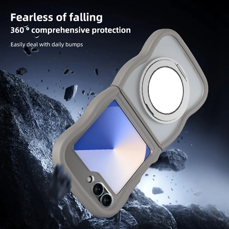 For Samsung Galaxy Z Flip7 FE 5G / Z Flip6 5G / Flip5 5G Magnetic Case Mirror Rotating Kickstand Wave Edge TPU + PC Phone Cover - Grey
