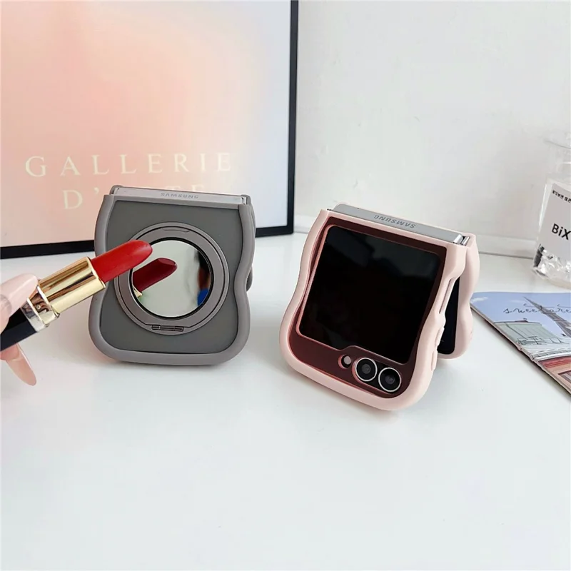 For Samsung Galaxy Z Flip7 FE 5G / Z Flip6 5G / Flip5 5G Magnetic Case Mirror Rotating Kickstand Wave Edge TPU + PC Phone Cover - Grey