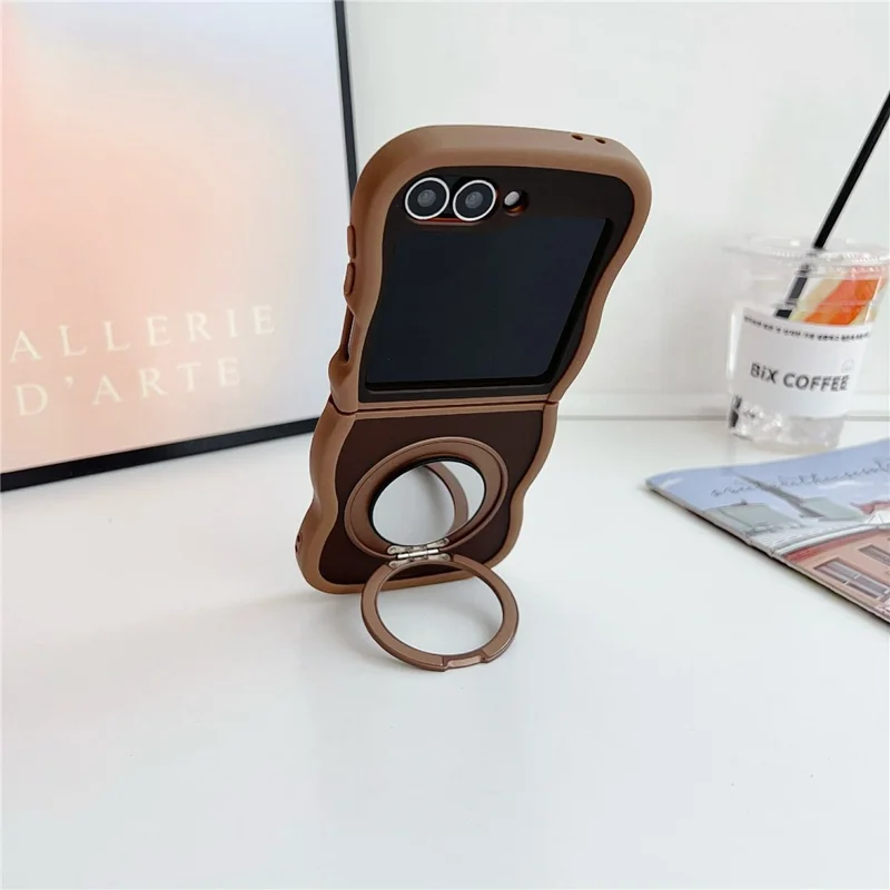 For Samsung Galaxy Z Flip7 FE 5G / Z Flip6 5G / Flip5 5G Magnetic Case Mirror Rotating Kickstand Wave Edge TPU + PC Phone Cover - Grey