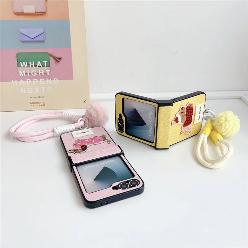 Funda para Samsung Galaxy Z Flip6 5G con Diseño de Perro Mono, Protección de Bisagra, Textura de Cuero y Correa de Muñeca - Rosa