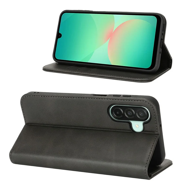 For Samsung Galaxy A26 5G Case PU Leather Calf Textured Magnetic Closing Smart Phone Cover - Black