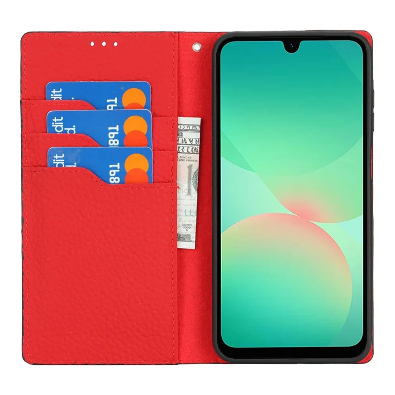 Pour Samsung Galaxy A26 5G Étui Portefeuille en Cuir de Vache Véritable avec Texture de Litchi - Noir