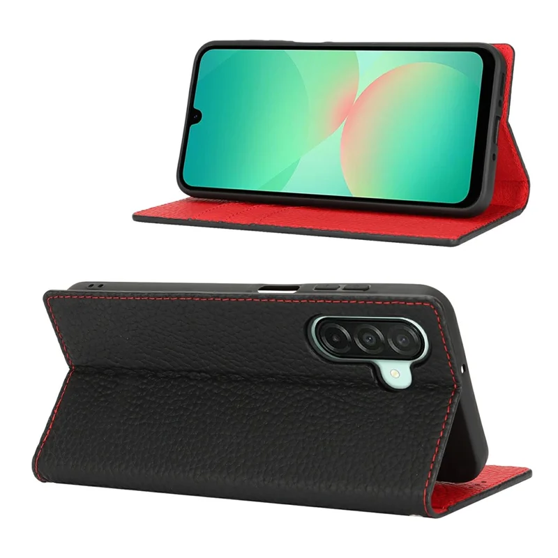 Pour Samsung Galaxy A26 5G Étui Portefeuille en Cuir de Vache Véritable avec Texture de Litchi - Noir
