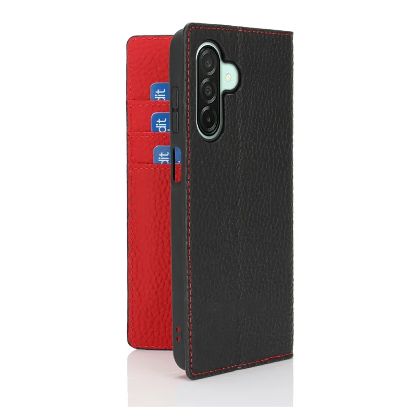 Pour Samsung Galaxy A26 5G Étui Portefeuille en Cuir de Vache Véritable avec Texture de Litchi - Noir