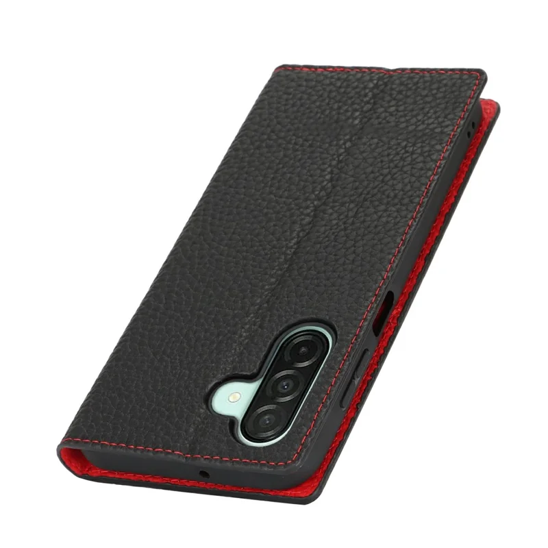 Pour Samsung Galaxy A26 5G Étui Portefeuille en Cuir de Vache Véritable avec Texture de Litchi - Noir