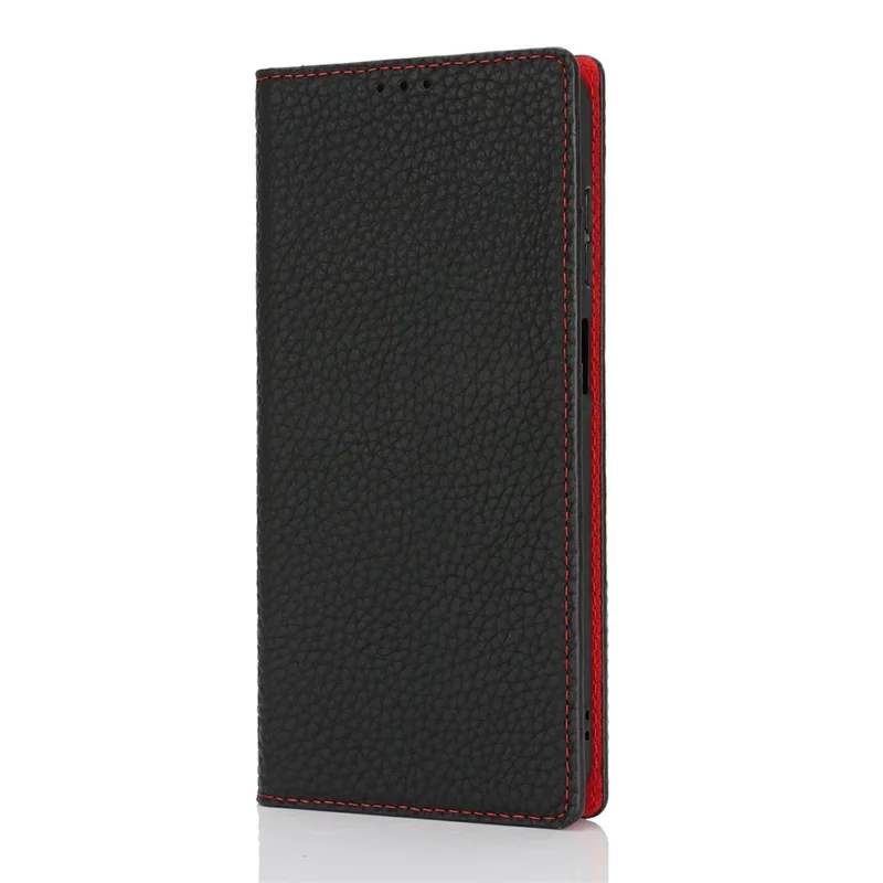 Pour Samsung Galaxy A26 5G Étui Portefeuille en Cuir de Vache Véritable avec Texture de Litchi - Noir
