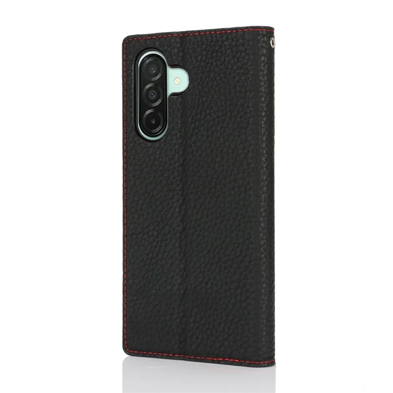 Pour Samsung Galaxy A26 5G Étui Portefeuille en Cuir de Vache Véritable avec Texture de Litchi - Noir