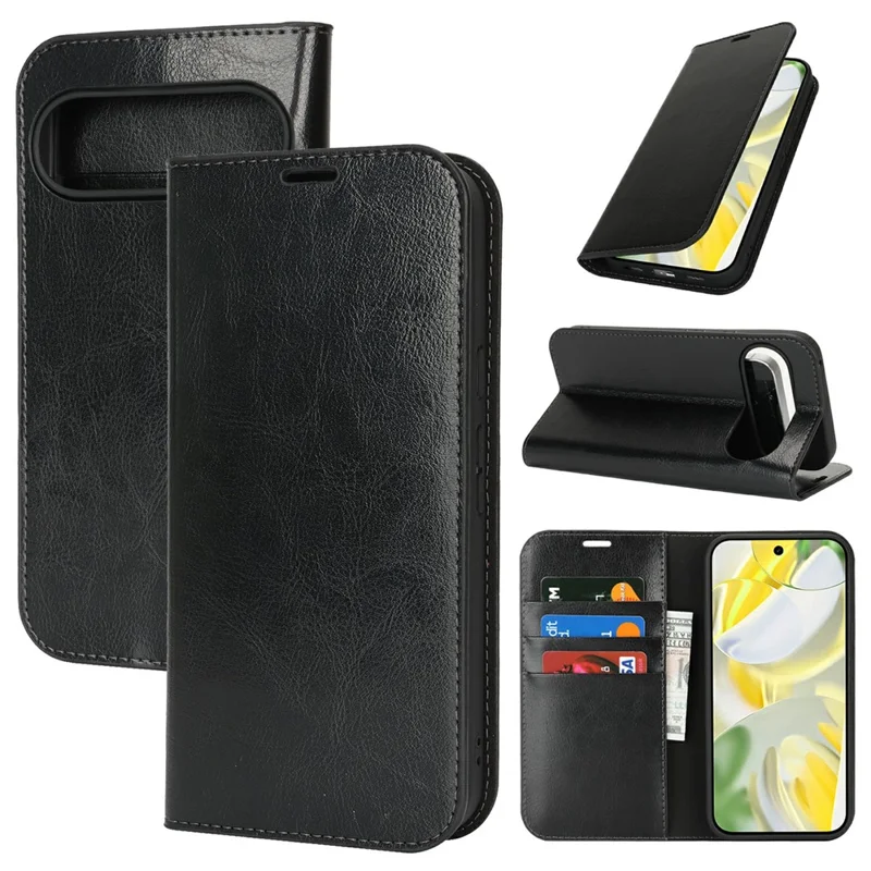 For Google Pixel 10 Pro XL Case Crazy Horse Texture Split Leather Wallet Phone Cover - Black