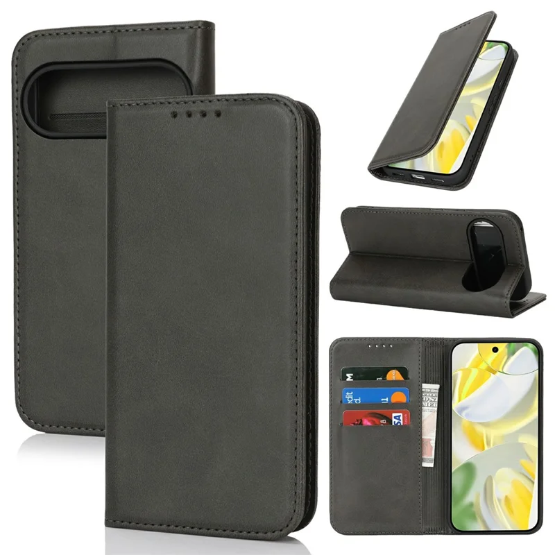 Capa para Google Pixel 10 Pro XL em Couro PU Texturizado de Bezerro com Fechamento Magnético para Smartphone - Preto