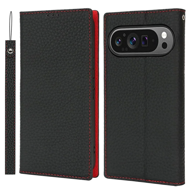 Per Google Pixel 10 / 10 Pro Custodia Portafoglio in Vera Pelle di Mucca Cover per Telefono Texture Liscia - Nero
