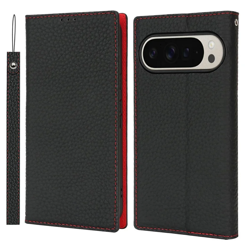 For Google Pixel 10 Pro XL Wallet Case Genuine Cow Leather Phone Cover Litchi Texture - Black