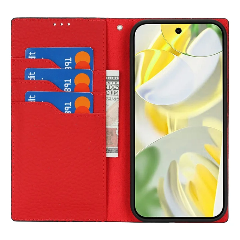 For Google Pixel 10 Pro XL Wallet Case Genuine Cow Leather Phone Cover Litchi Texture - Black