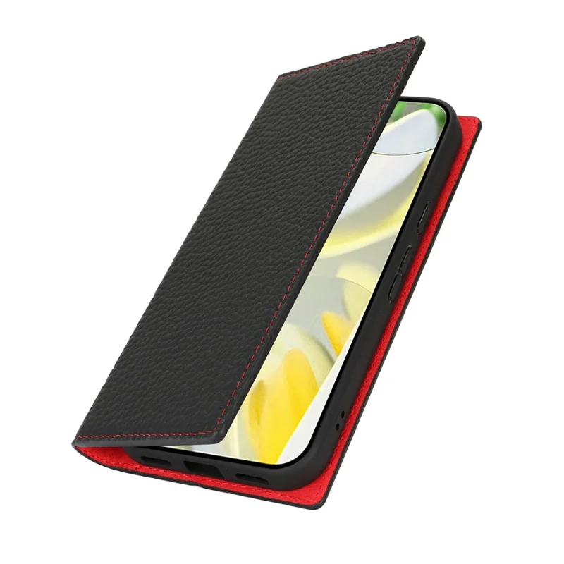 For Google Pixel 10 Pro XL Wallet Case Genuine Cow Leather Phone Cover Litchi Texture - Black