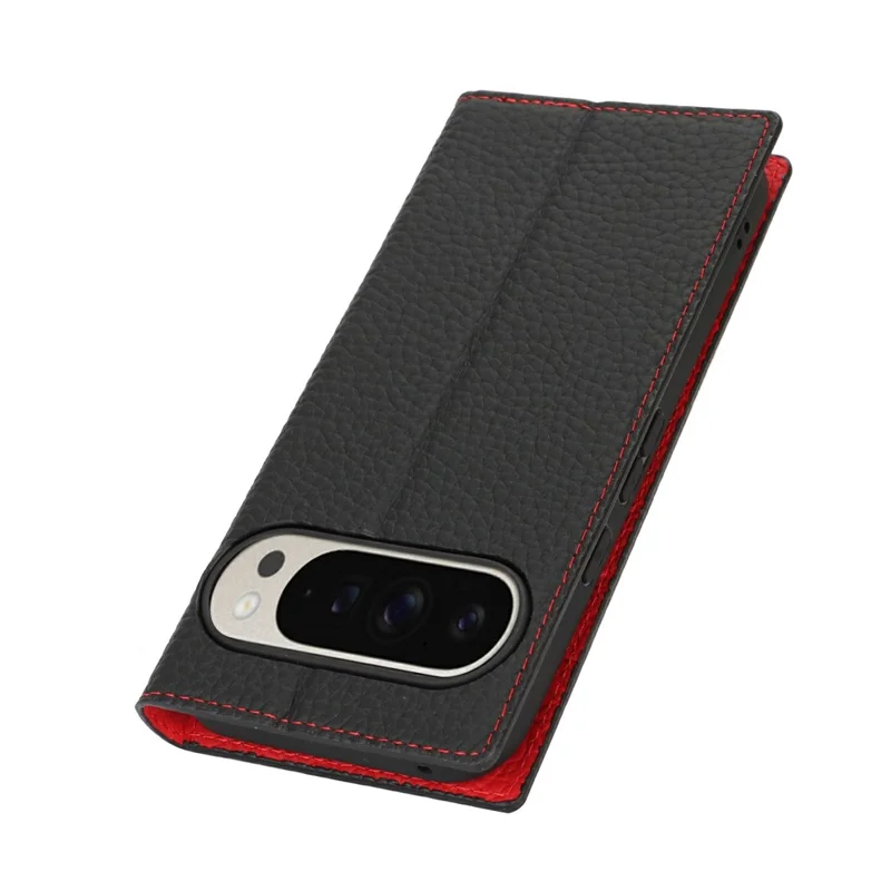 For Google Pixel 10 Pro XL Wallet Case Genuine Cow Leather Phone Cover Litchi Texture - Black