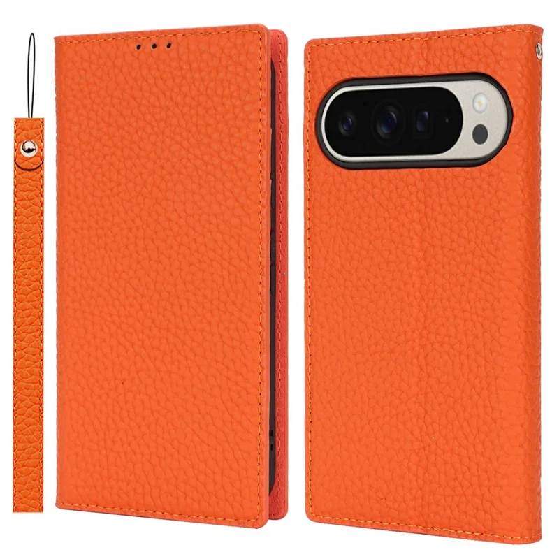 Für Google Pixel 10 Pro XL Wallet Case Echtes Rindsleder Handyhülle Litchitextur - Orange