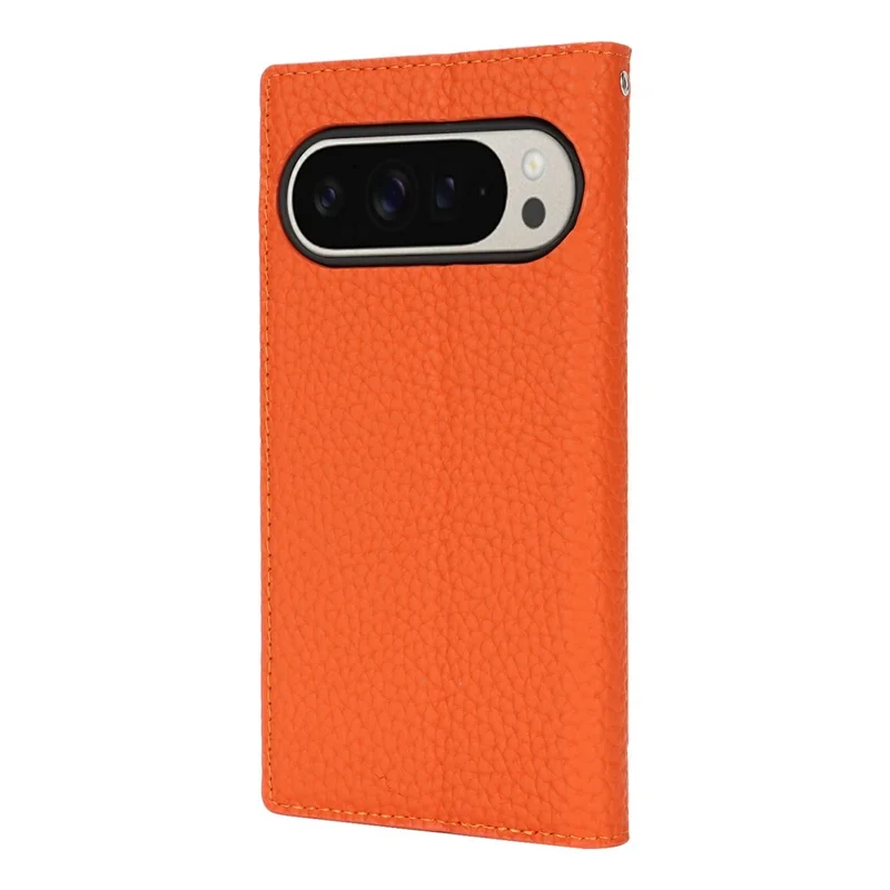 Für Google Pixel 10 Pro XL Wallet Case Echtes Rindsleder Handyhülle Litchitextur - Orange