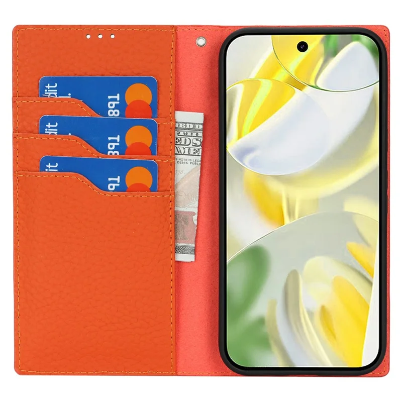 Für Google Pixel 10 Pro XL Wallet Case Echtes Rindsleder Handyhülle Litchitextur - Orange