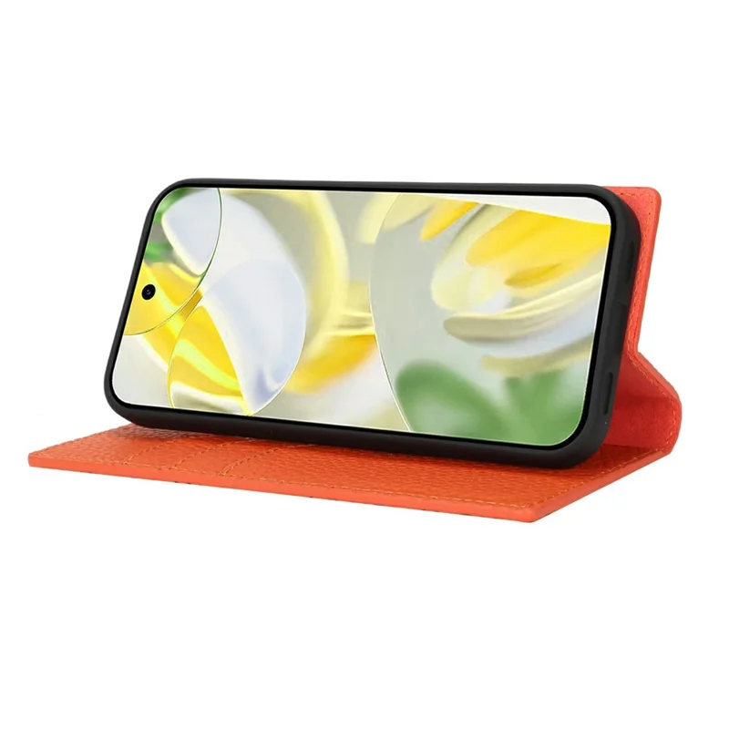 Für Google Pixel 10 Pro XL Wallet Case Echtes Rindsleder Handyhülle Litchitextur - Orange