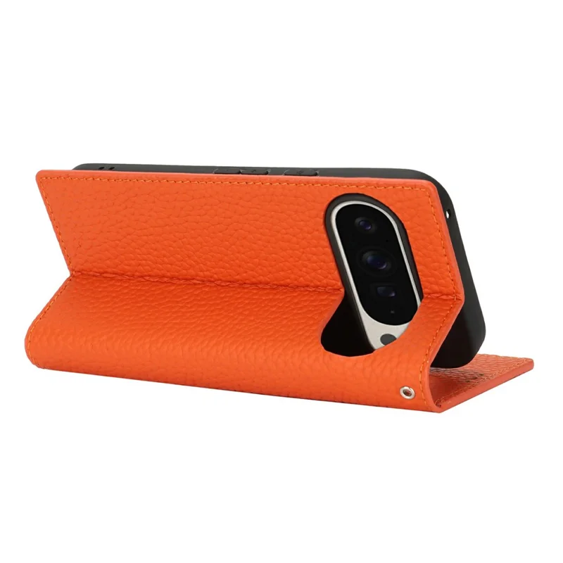 Für Google Pixel 10 Pro XL Wallet Case Echtes Rindsleder Handyhülle Litchitextur - Orange