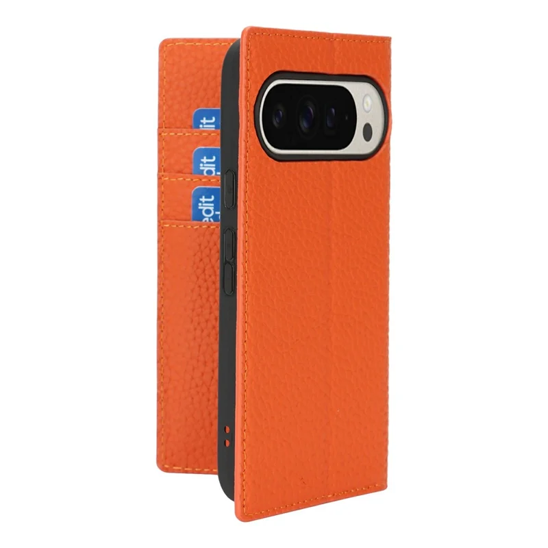 Für Google Pixel 10 Pro XL Wallet Case Echtes Rindsleder Handyhülle Litchitextur - Orange