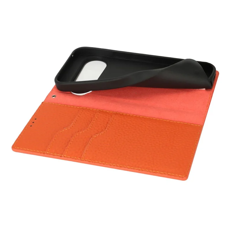 Für Google Pixel 10 Pro XL Wallet Case Echtes Rindsleder Handyhülle Litchitextur - Orange