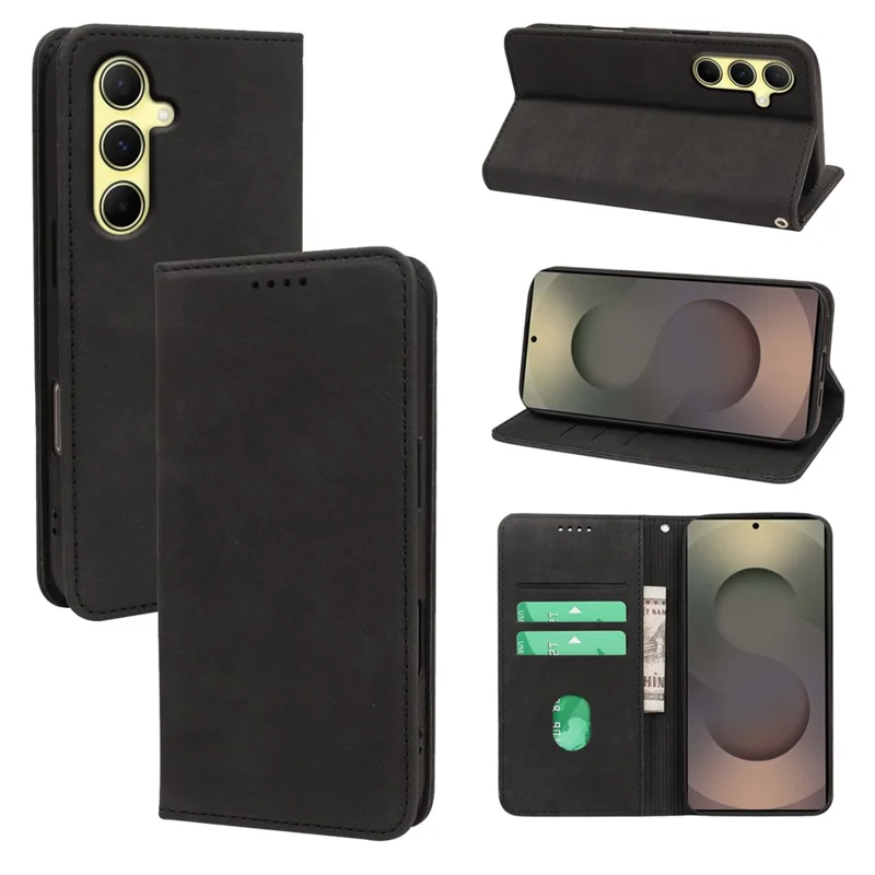 For Samsung Galaxy A26 5G Case Strong Magnetic Leather Wallet Phone Cover with Striped Texture - Black