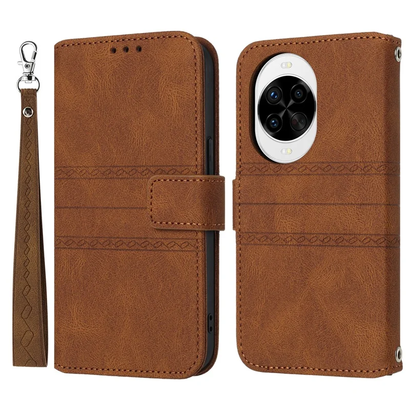 For Huawei nova 14 Pro 5G Case Wallet Skin-Touch Leather Imprinted Phone Cover with Wrist Strap - Brown