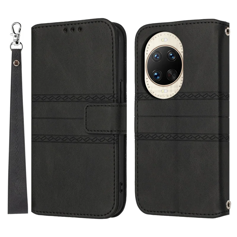 For Huawei nova 14 Ultra 5G Case Wallet Skin-Touch Leather Imprinted Phone Cover with Wrist Strap - Black