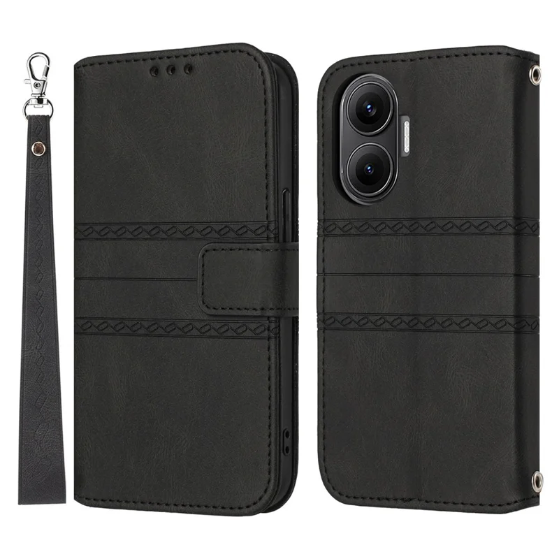 For Xiaomi Poco F7 5G / Redmi Turbo 4 Pro 5G Case Wallet Skin-Touch Leather Imprinted Phone Cover with Wrist Strap - Black