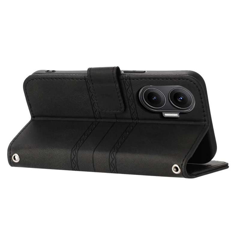 For Xiaomi Poco F7 5G / Redmi Turbo 4 Pro 5G Case Wallet Skin-Touch Leather Imprinted Phone Cover with Wrist Strap - Black
